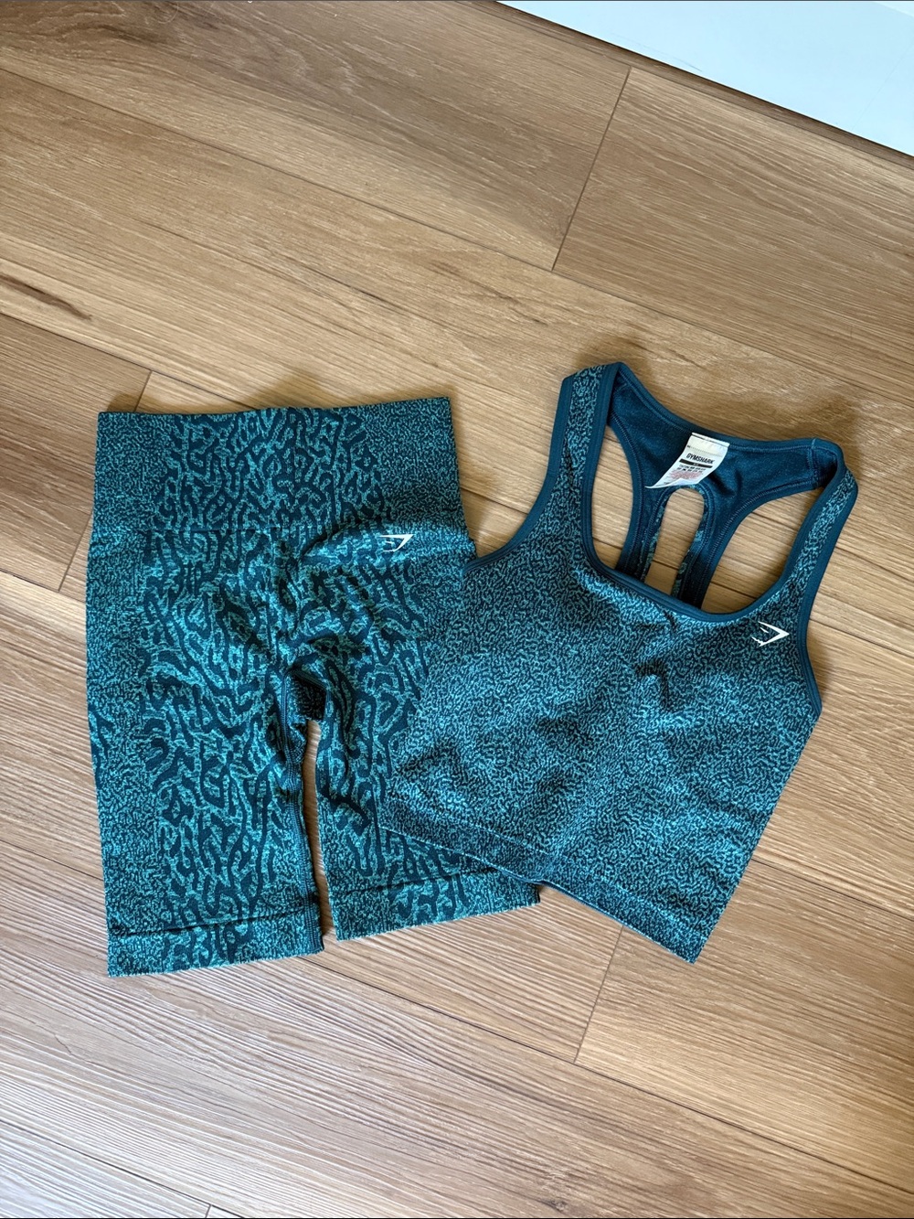 Gymshark Teal Animal-Print Active Set — Sports Bra & Biker Shorts